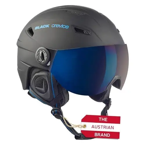 Produktbild: BLACK CREVICE Skihelm Silvretta I Skihelm mit Visier im Pilotenstyle I Skihelm Herren & Damen I Skihelm aus Polycarbonat I Atmungsaktiver Ski-Helm I Größenverstellbar (Schwarz/Blau, L)