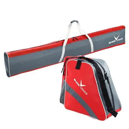 Produktbild: Black Crevice Skitasche-Set I Kombi-Set aus Skisack & Skischuhtasche I robuste Skitaschen aus 600D/PVC I Ski-Set mit Schultergurt I Skibag: 190x13x30cm I Skischuhe-Tasche: 45x39x25cm (Rot/Grau)