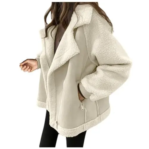 Produktbild: Black Friday Angebote 2023,Winterjacke Damen Winter Kurze Warm Lässige Clothes Elegant Bequem Langärmelige Revers Kunstleder Fleecejacke Thermische Übergangsjacke Lambswool Jackets for Women (Beige,L)