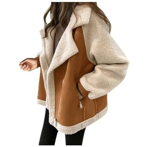Produktbild: Black Friday Angebote 2023,Wolljacke Damen Winter Warm Kurze Lässige Clothes Bequem Elegant Langärmelige Kunstleder Revers Fleecejacke Thermische Übergangsjacke Lambswool Jackets for Women (Khaki,L)