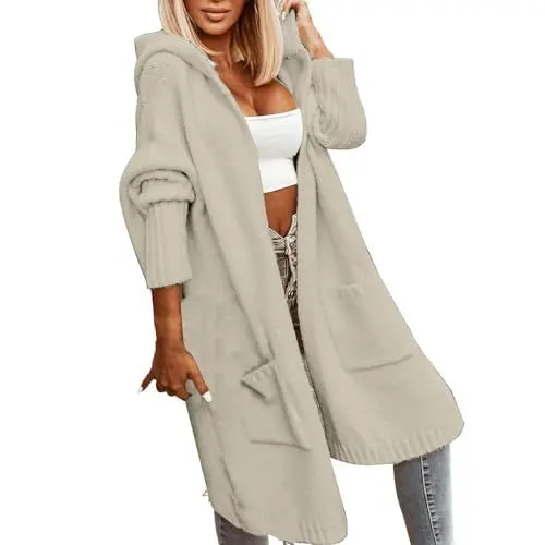 Produktbild: Black Friday Angebote 2025 Ab Wann Wintermantel Damen Elegant Herbstjacke Und Offener Vorderseite, Übergroße Oberbekleidung Mit Kapuze Strickpullover Damen Winter Warm Winterjacken Damen Reduziert