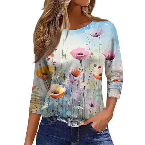 Produktbild: Damen Tshirt 3/4 Arm Sommer Ältere Frauen Longshirt Damen Sommer Gym Tops Damen Oberteile Elegant Bluse Grün Arbeitskleidung Damen Froot of The Loon Tshirt 3/4 Arm Shirt Türkis L