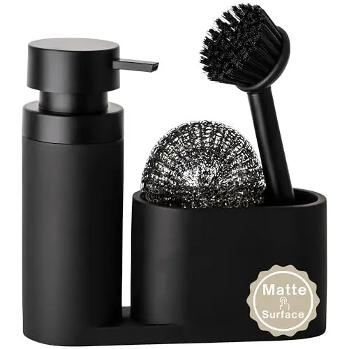 Produktbild: Black Sweden Home Design Spülbecken Organizer aus Kunststein mit Bürste und Stahlschwamm - Küchen Organizer Spül Set schwarz matt - Spülmittelspender schwarz