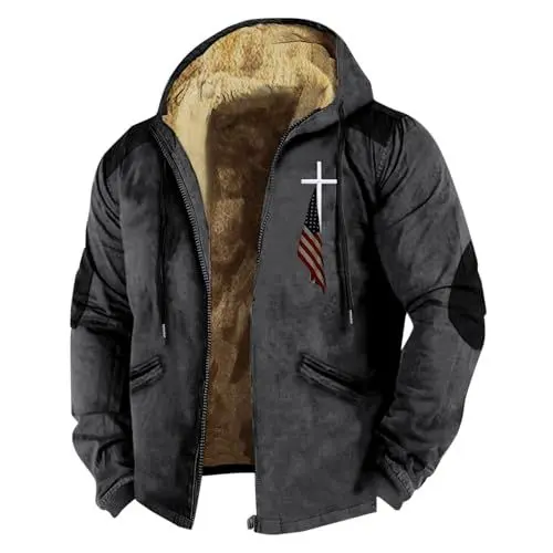 Produktbild: Jack Will Herren Wintermode 3D-gedruckte Flagge mit Kapuze und braunem Reißverschluss, personalisierter Patch, lässige Baumwolljacke Brigg Herren (Dark Gray, XXXL)