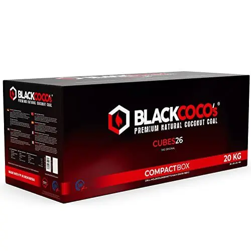 Produktbild: BLACKCOCO’s - 20 KG Premium Shisha Kohle Naturkohle Kokosnuss und BBQ - Hochwertige Kokos Coal Briketts für Wasserpfeife & Grill - Shisha Würfel Kohlen & Grillkohle mit Langer Brenndauer