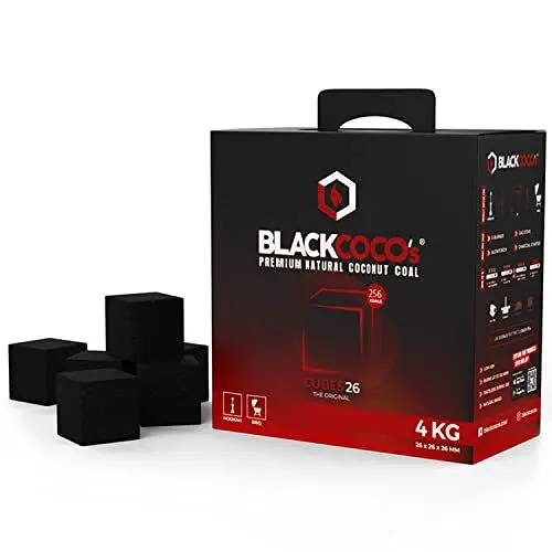 Produktbild: BLACKCOCO’s - 4 KG Premium Shisha Kohle Naturkohle Kokosnuss und BBQ - Hochwertige Kokos Coal Briketts für Wasserpfeife & Grill - Shisha Würfel Kohlen & Grillkohle mit Langer Brenndauer