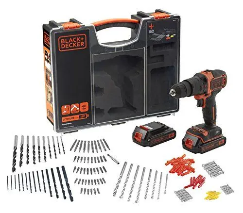 Produktbild: Black+Decker Akku-Schlagbohrschrauber (18V 1,5Ah, mit 2-Gang Getriebe, variable Drehmomentvorwahl, Softgriff, Doppelbit, inkl. 160tlg. Zubehör im hochwertigen Koffer) BDCHD18BOA