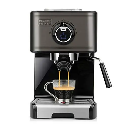 Produktbild: BLACK+DECKER BXCO1200E - Espressomaschine, 15 Bar, 1.200W, Thermoblock-Schnellerhitzung, Milchaufschäumer, gemahlener Kaffee oder Kaffepads, Edelstahl, schwarz