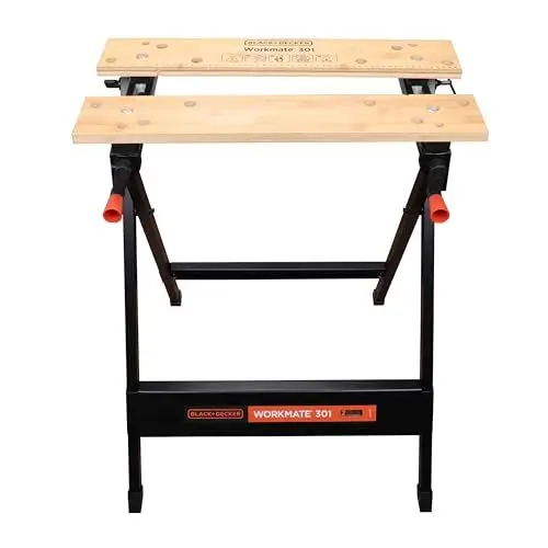 Produktbild: BLACK+DECKER tragbare Werkbank für Werkstatt - Sägebock Werkbank klappbar als Werkstatteinrichtung (freistehend, Abmessung der Arbeitsplatte: 610x250 mm, max. Tragkraft: 160 kg) WM301
