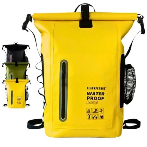 Produktbild: Blackpeanut Wasserdichter Rucksack mit 25 Litern, Dry Bag, Bequeme Trockentasche mit Außentasche für Wasserflasche, Drybag, Ideal für Wasseraktivitäten und Outdoor (Gelb)