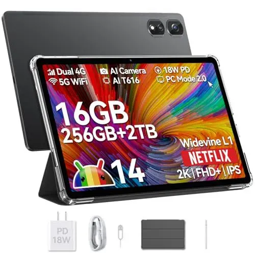 Produktbild: Blackview Tab16Pro Tablet 11 Zoll, Android 14 16GB RAM 256GB ROM (2TB TF) 4G LTE 5G WiFi Tablet mit Stift und Hülle, 13MP+8MP, 7700mAh, 2K Display Widevine L1, GPS