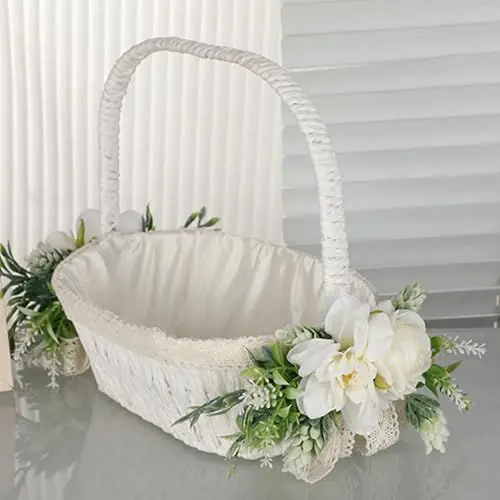 Produktbild: Blanketswarm Hochzeits-Blumenmädchen-Korb, Hochzeits-Blütenblattkörbe, Schleife, Weiße Blumenmädchen-Körbe mit Faltbarem Griff, Osterkorb, Elegante Blumenmädchen-Körbe für Hochzeiten