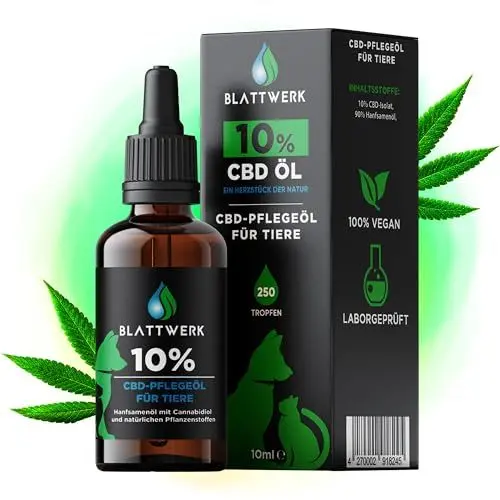 Produktbild: Blattwerk360 10% CBD Öl für Hunde & Katzen - FÜR GROß & KLEIN - Hanföl für Hunde & Katzen - Deutsche Qualitätsmarke - Cannabis Öl - CBD Öl Hund 10 Prozent - 10ml - 250 CBD Tropfen