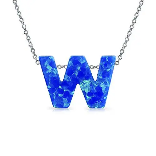 Produktbild: Blau erstellt Opal Block W Buchstaben Alphabet Anhänger A-Z Sterling Silber Initial Halskette für Frauen Oktober Geburtsstein