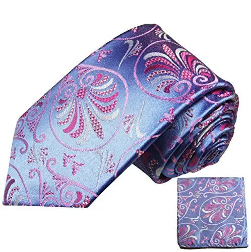Produktbild: Blau pink florale Krawatte mit Einstecktuch - Seidenkrawatten Set 2tlg (Normallange 150cm)