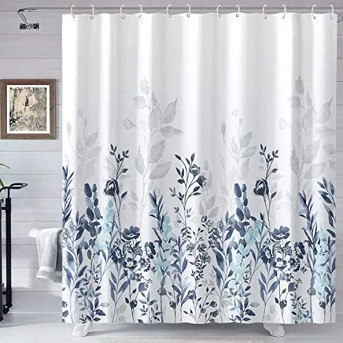 Produktbild: Blau und Grau Duschvorhang, Aquarell Floral Badezimmer Vorhang Teal und Weiß 180×180cm