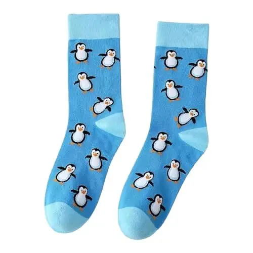 Produktbild: Blaue Socken mit Pinguin Motiv Lustige Verrückte Socken für Männer und Frauen Geschenksocken Unisex Einheitsgröße 36-43 Crew Socks 1-Paar…