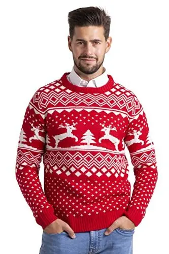 Produktbild: BlauerHafen Herren Weihnachten Jumper Lange Ärmel Knit Rundhals Crew Christmas Xmas Sweater (Rot, XL)