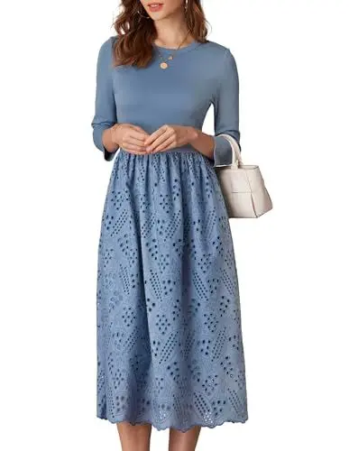 Produktbild: Blaues Midikleid für Damen Rundhalsausschnitt A-Linien Kleid mit Taschen Langärmlig Elegantes Freizeitkleid Graublau L