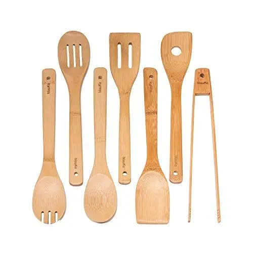 Produktbild: BlauKe® Küchenhelfer Set aus Holz 7-teilig - Küchenutensilien Pfannenwender Set - Kochlöffel Set, Spatel, Schaumlöffel, Zange, Wender, Rührlöffel - Bambus Kochutensilien, Kochgeschirr, Küchenzubehör