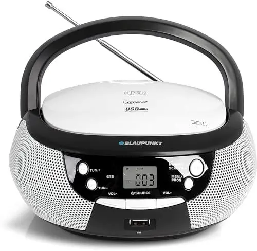 Produktbild: Blaupunkt B 4 PLL Boombox, CD-Spieler mit UKW PLL Radio, CD-Player für Kinder, USB-Anschluss, AUX IN, Stereo-Lautsprecher, Netz- und Batteriebetrieb, 2 x 1,3 Watt RMS, Musikbox in Schwarz