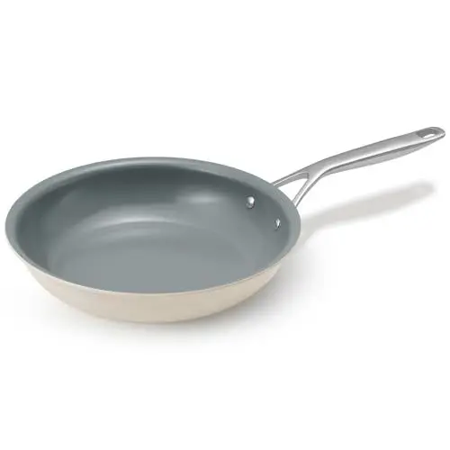 Produktbild: BLAZANT kleine Pfanne 20cm, Bratpfanne mit vollflächiger Edelstahlboden，Keramikpfanne mit Gussstahlgriff, Antihaft Pfanne für alle Herdarten (inklusive Induktion), PFOA/PFOS-frei, Beige