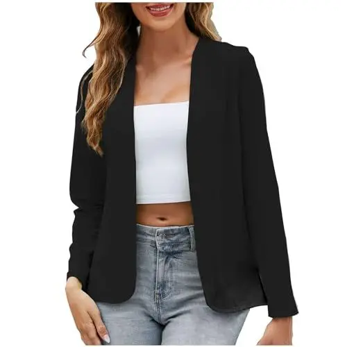 Produktbild: Blazer Damen Bluse mit Taschen Elegant Jacke Einfarbig Anzugjacken Business Oberteile Frauen Dressy Hemdbluse Kostüme Revers Kleidung Sportlich Open Front Jacket Outfit für Die Arbeit Schwarz XL