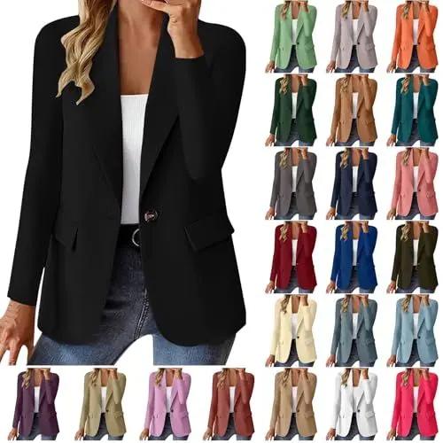 Produktbild: Blazer Damen Elegant Casual Jack Trenchcoat Open Front Arbeit Büro Knopf Jacke Anzug Langarm Sportlich Anzüge Mantel Geschäft Reverskragen Longblazer Einreihige Offener Anzugjacke