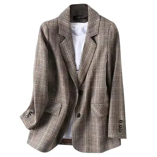 Produktbild: Blazer Damen Elegant Kariert Damen-Jacken Mit Knöpfen Damen Cardigan Freizeit Business Jacke Langarm Reverskragen Party Blazer Jacke Frauen Business Formal Mantel Damen Für Arbeit Büro Sakko