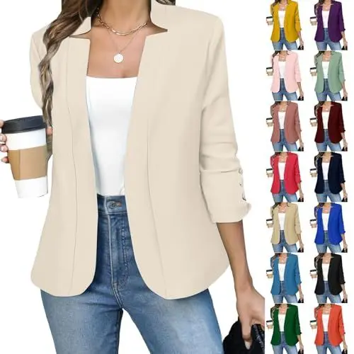 Produktbild: Blazer Damen Elegant Kurz Anzugjacke Damen Beige Strickjacke Casual Blazerjacke Offene Kurze Mantel Langarm Cardigan Einfarbig Bolero Jacke Business Sakko Revers Freizeitjacke Übergangsjacke