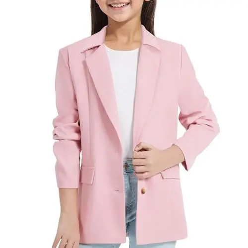 Produktbild: Blazer für Mädchen Anzugjacke Elegante Einfarbig Anzug Mantel Notch Lapel&Revers Langarm Freizeitjacke Mode Cardigan Trenchcoat Leicht Knöpfen Arbeitsanzug mit Doppelter Seitentasche 3-14 Jahre
