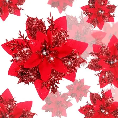 Produktbild: BLAZOR Kunstblumen, Weihnachtsstern Künstlich Deko Blumen, 20 Stück Glitzer Deko Weihnachtsblumen, Baumschmuck weihnachten, Neujahr Ornamente.