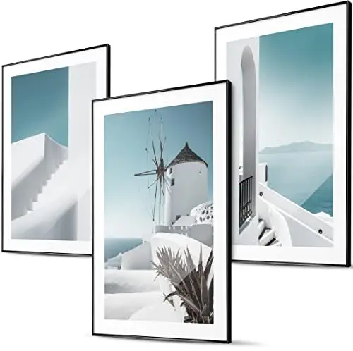 Produktbild: BLCKART Aesthetic Santorini Große Wandbilder Wohnzimmer - 3x 50x70cm - Poster Set Groß Griechenland Urlaubsbilder Blau Weiß Bilder Schlafzimmer Deko XL