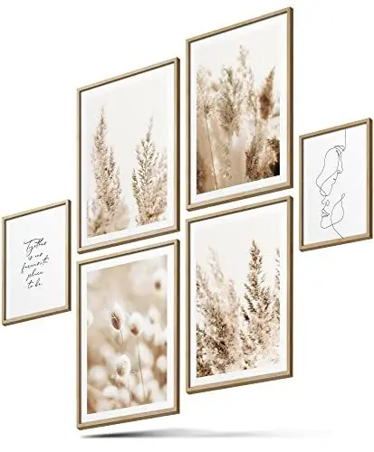 Produktbild: BLCKART Beige Love Pampasgras V2 Poster Set Beidseitig Bedruckt Pampasgras Deko Bilder Schlafzimmer Boho Modern Wohnzimmer Deko (M | 4x A4 | 2x A5 | ohne Rahmen)