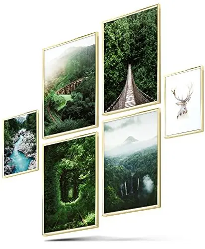 Produktbild: BLCKART Green Forest Bilder Set Stilvolle Beidseitige Pampasgras Bilderwand Natur Landschaft Wohnzimmer Deko Poster Wald (M | 4x A4 | 2x A5 | ohne Rahmen, Green Forest)