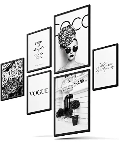 Produktbild: BLCKART Infinity Premium Poster Bilder Set COCO Stilvolle Doppelseitige Rosen Fashion Poster Wohnzimmer Deko | 2x A3 | 4x A4 (COCO BLACK & WHITE | 6er, Ohne Rahmen)