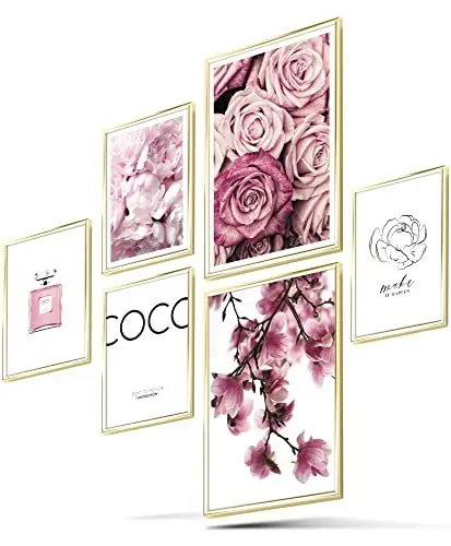 Produktbild: BLCKART Infinity Premium Poster Set COCO Edle Doppelseitige Magnolien Rosen Bilder Home Deko | 2x A3 | 4x A4 | ohne Rahmen (COCO FLORAL ROSE PINK | 6er, Ohne Rahmen)