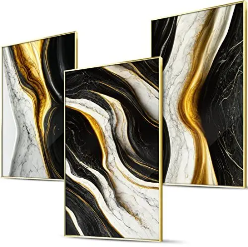 Produktbild: BLCKART Marmor Flow Große Wandbilder Wohnzimmer - 3x 50x70cm - Abstrakte Schwarz Weiß Gold Bilder Schlafzimmer Deko XL Poster Set Groß
