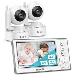 Produktbild: Blemil Babyphone, 4.3'' IPS Split-Screen-Monitor mit 29-Stunden-Akku, Schwenk-Neige-Zoom Video-Babyphone mit 2-Kameras und Audio, Kein WLAN, 2X Zoom