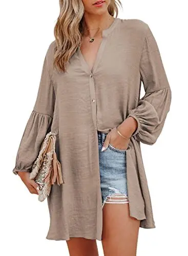 Produktbild: BLENCOT Damen Blusenkleid Bikini Cover Up Mit V-Ausschnitt Und Langarm Hemd Oberteile Sommer Button Down Shirts Kleider, Khaki, L