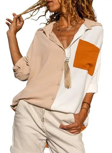 Produktbild: BLENCOT Damen Bluse Basic Elegant Hemd Langarm Casual Button Down Lose Langarmshirt Oberteile Tops