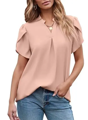Produktbild: BLENCOT Damen Bluse Damen T-Shirt Casual Business Arbeit Chiffon Tops Sommer V-Ausschnitt Niedlich Lose Blütenblatt Kurzarm T-Shirt，Hellrosa，M