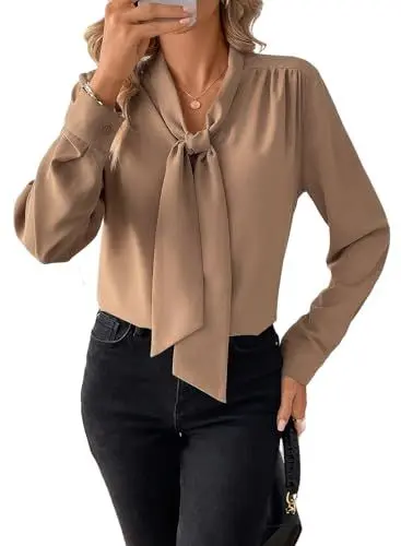 Produktbild: BLENCOT Damen Bluse Langarm Hemdbluse Elegant V-Ausschnitt Casual Tunika Hemd Fliege Knoten Blusen Tops