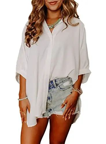 Produktbild: BLENCOT Damen Bluse Sommer Oversized Button Down 3/4 Ärmel Shirts Side Schlitz Dressy Casual Blusen Loose Fit Tunika Tops