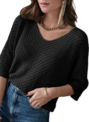 Produktbild: BLENCOT Damen Pullover 2023 Oversize Shirt Casual 3/4 Ärmel Einfarbig V-Ausschnitt Loser Pullover Strick Herbst Pullover Tops