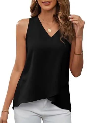 Produktbild: BLENCOT Tank Top Damen Bluse Sommer Chiffon Oberteile T Shirt Elegant Schwarz Tops für Damen Läsiges V-Ausschnitt Cami Ämellose Blusen