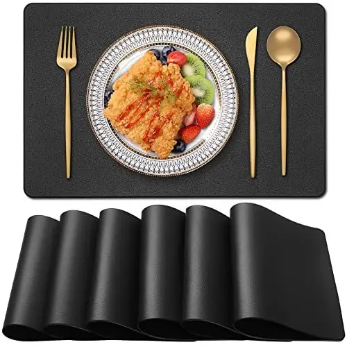 Produktbild: Blibalaskr Tischsets Abwaschbar,Platzsets 6er Set,wasserdichte und abwischbare,hitzebeständige doppelseitige PVC-Platzdeckchen,geeignet für Küche,Esstisch,Esszimmer 45cm×30cm(Schwarz)