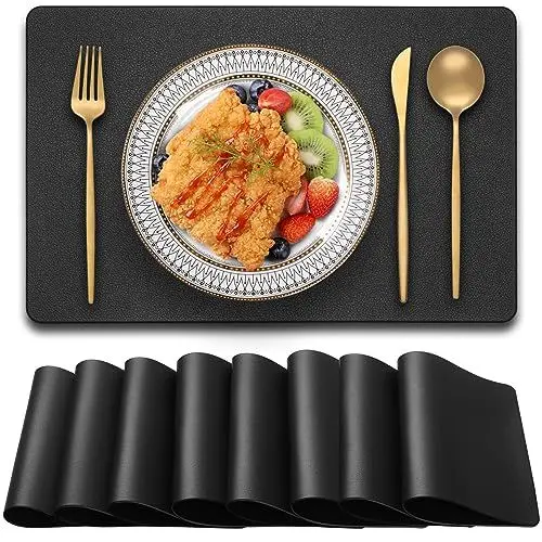 Produktbild: Blibalaskr Tischsets Abwaschbar,Platzsets 8er Set,wasserdichte und abwischbare,hitzebeständige doppelseitige PVC-Platzdeckchen,geeignet für Küche,Esstisch,Esszimmer 45cm×30cm(Schwarz)