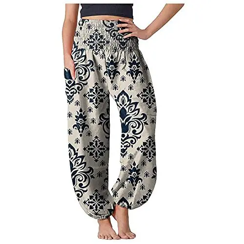Produktbild: Blickdichte Leggings Boho Hosen Hosen bequemer Tischtennis Boxhosen für Frauen Boho die Hosen in der Hippiehose Schwarze Hose Mit Seitentaschen Damen (White, XL)