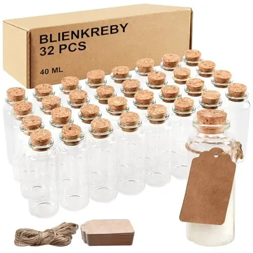 Produktbild: BLIENKREBY Reagenzglas mit Korken 32 x 40ML, Mini Glasflaschen mit Korken, Kleine Glasflaschen mit Korken und Kraftpapier Hanfseil, für Hochzeit Party Zubehör Dekorationen Geschenke